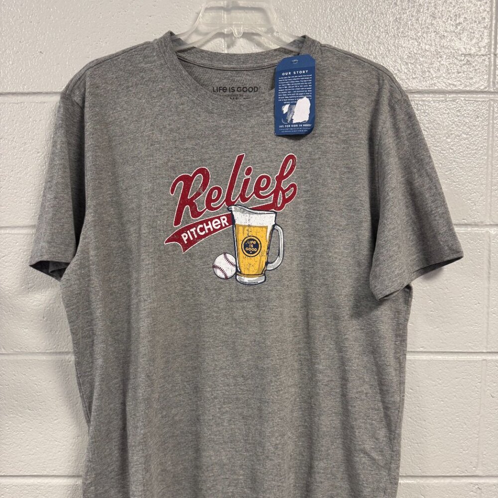 NEW with Tags! Mens Life is Good Gray "Relief Pitcher" Crusher Tee-Size XL.